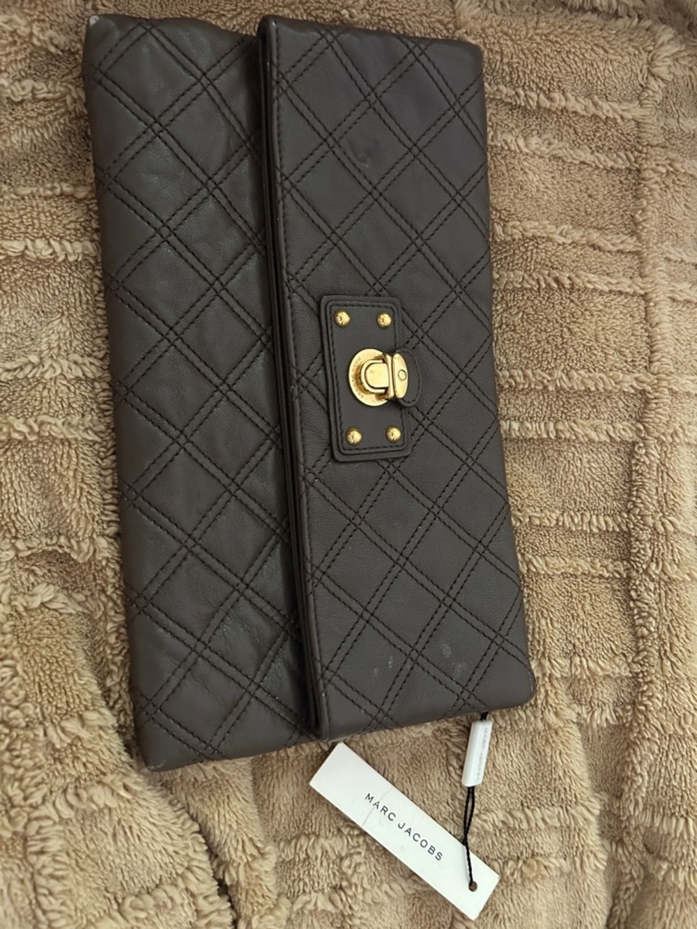 Marc Jacobs Quilted Dark Brown Leather Clutch with Gold Turn-Lock